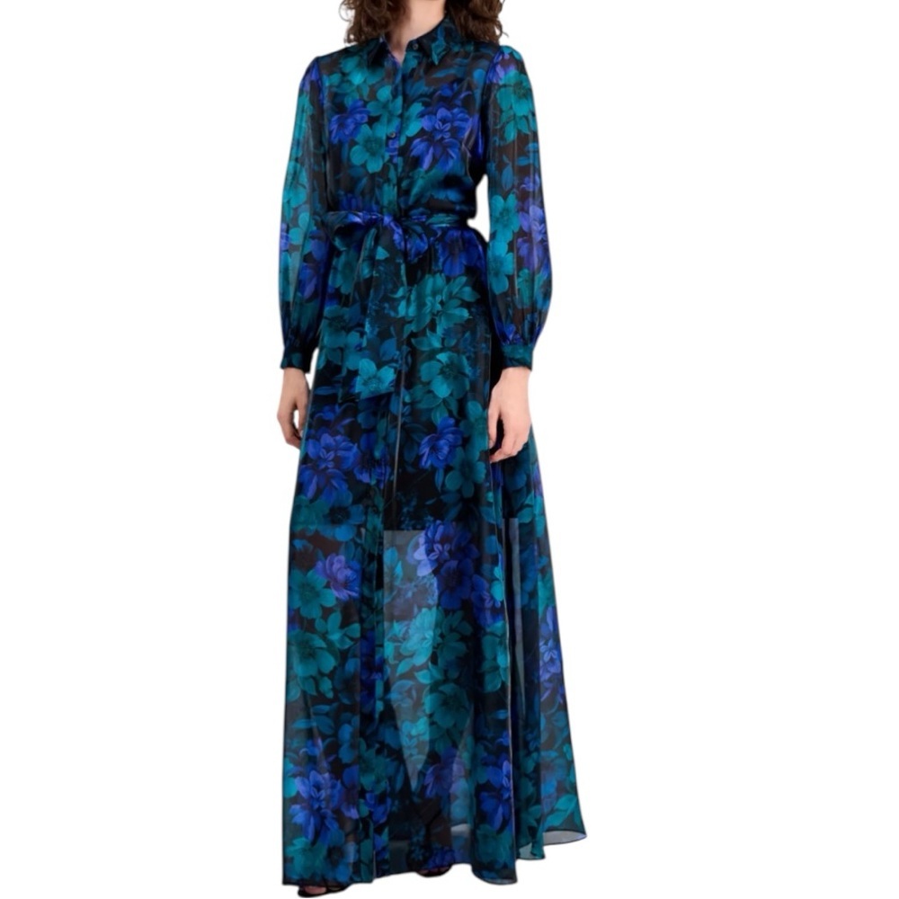 NWT JULIA JORDAN Floral Sheer Long Sleeve Tie Waist Maxi Shirt Dress Size 10